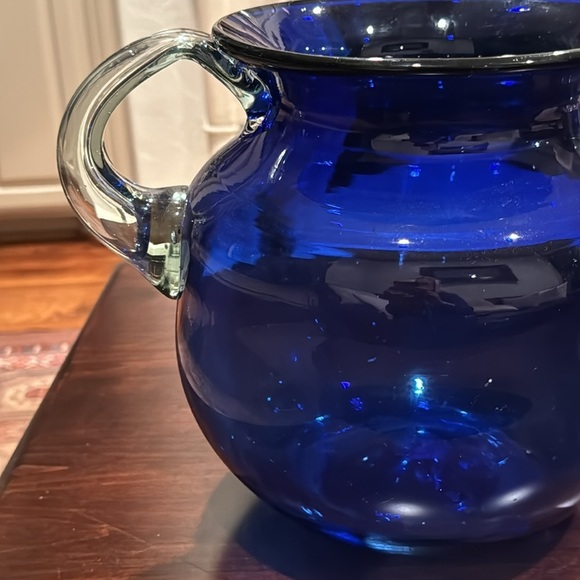Large Hand Blown Round Cobalt Blue Glass Vase with Clear Handles Beautiful! - Picture 3 of 8
